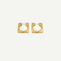 Pair of gold hoop rectangular earrings on a white background