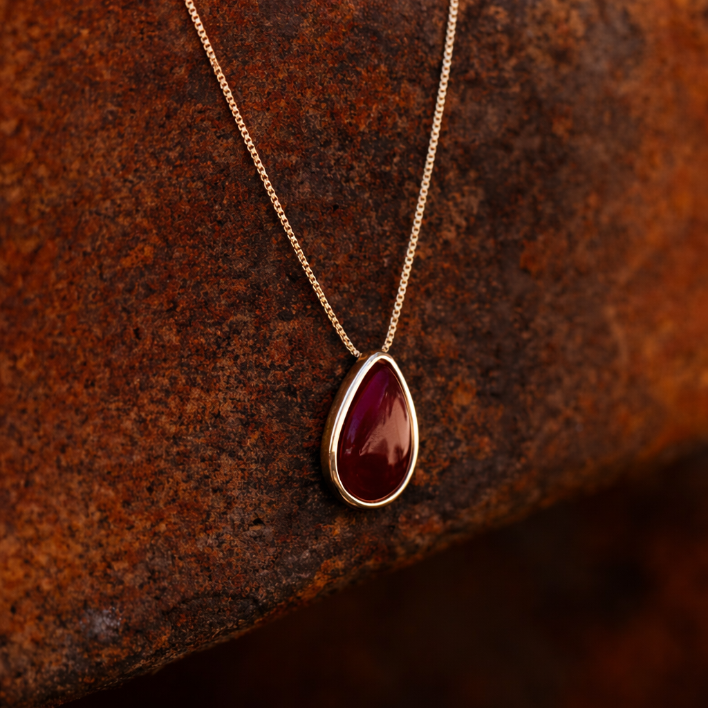 Gold necklace with a natural agate gemstone pendant on a textured brown surface